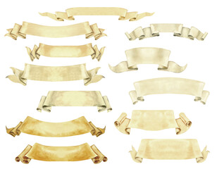 Watercolor blank beige paper banner ribbon for decorative text design in different lengths. Vintage curly label. Design templates for inscriptions, signatures, names for badges, flags, coats of arms