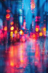 Fototapeta premium Abstract vibrant city lights at night, colorful bokeh with various light patterns and reflections, capturing dynamic urban energy and nightlife.