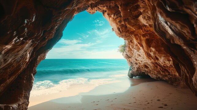 A large rock cave with a blue ocean in the background