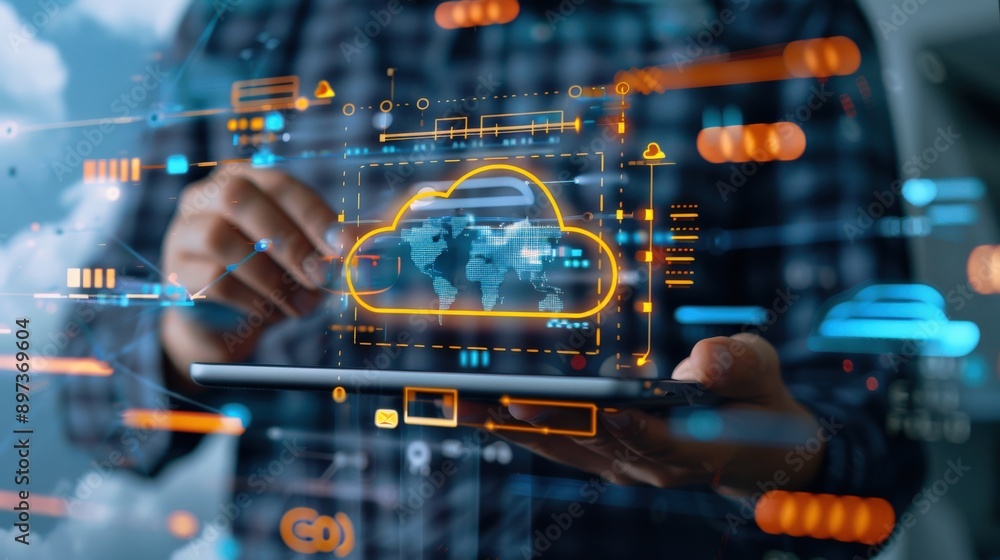Poster a person is holding a tablet with a cloud on it. the cloud is made up of many different shapes and c