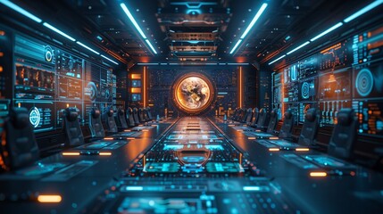 Fototapeta premium Futuristic VR meeting room with empty seats, holographic displays, large globe on walls, evoking wonder and possibility