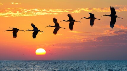Group of ibises flying over a coastal lagoon at sunset, their silhouettes creating a dramatic scene