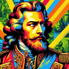 Naklejka premium Vibrant Retro Portrait of a Historical Figure with Bright Colors and Bold Graphic Elements