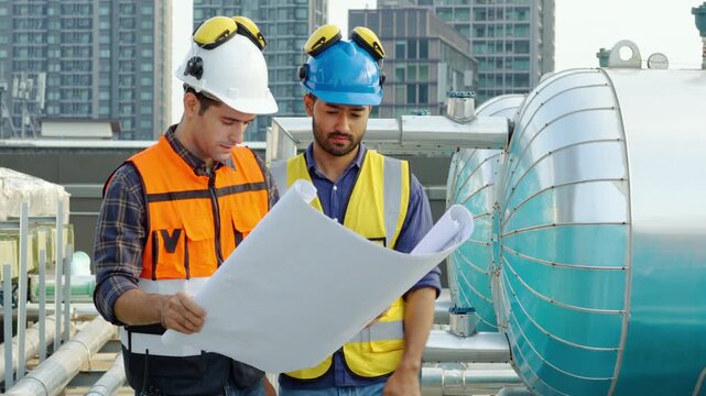 Contractor, Two civil engineers checking information from blueprint with teamwork, project manager planning and collaboration, outdoor construction worker and floor plan for urban development in city