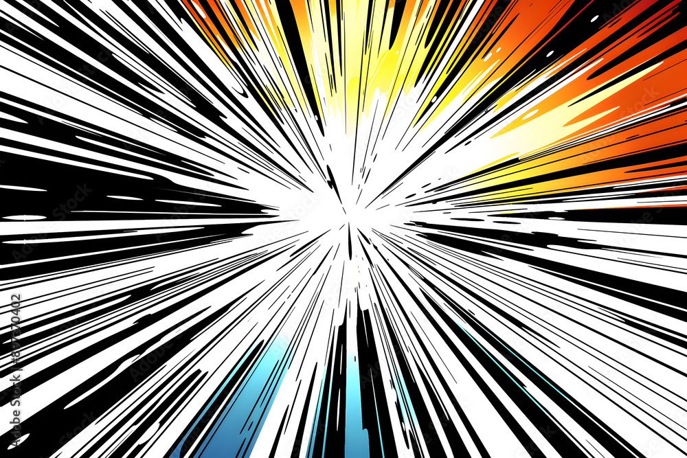 Poster animating comic speed lines in manga and anime style with alpha channel using three unique concentra