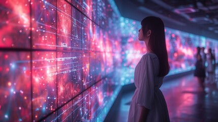 A female student, wearing a white dress, stands in a virtual reality environment, engaged in a math lesson.