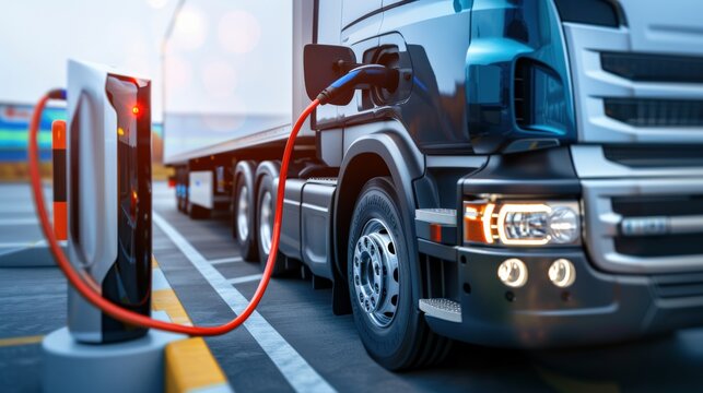 A large truck is plugged into a charging station. The truck is black and silver. The truck is parked in a parking lot - Powered by Adobe