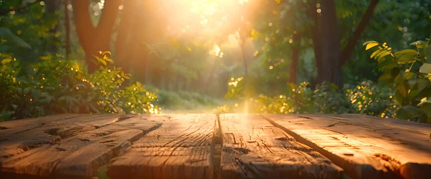 Nature background, Wood table for food and product display over blur green tree garden, Blur park nature outdoor and wood table with bokeh light background in spring and summer