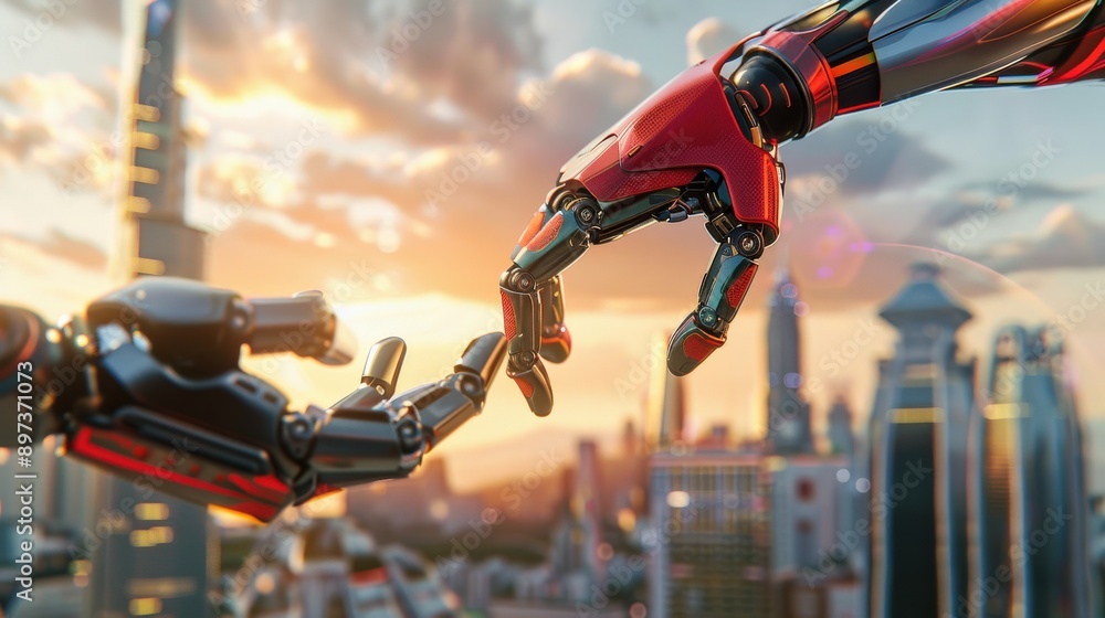 Poster a robot hand is touching another robot hand. the scene is set in a city with a beautiful sunset in t