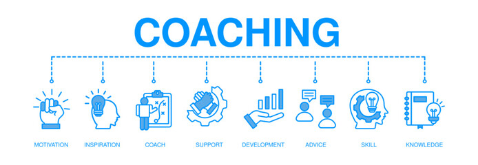 Coaching banner web icon for training and success, motivation, inspiration, teaching, coach, learning, knowledge, support and advice. Minimal vector infographic.