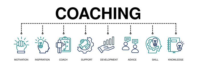 Coaching banner web icon for training and success, motivation, inspiration, teaching, coach, learning, knowledge, support and advice. Minimal vector infographic.