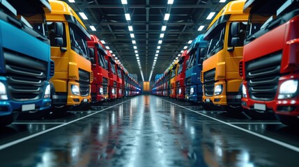 A row of trucks are parked in a large building. The trucks are of different colors and sizes