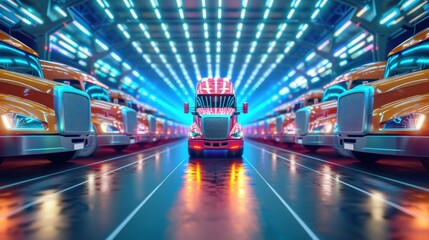 A red semi truck is driving down a road in front of a bunch of orange semi trucks. The scene is set in a futuristic, neon-lit tunnel