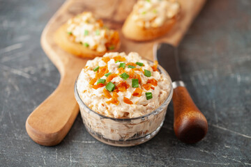 Homemade French Onion Dip with open sandwich or bruschetta