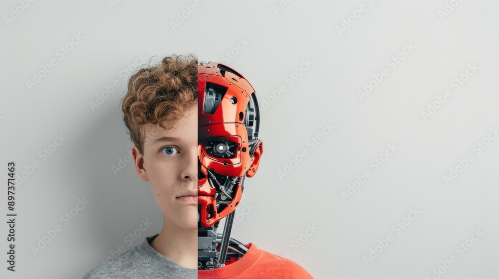 Aufkleber a boy's face is split in half, with one half being a robot. the robot has a red face and is wearing 