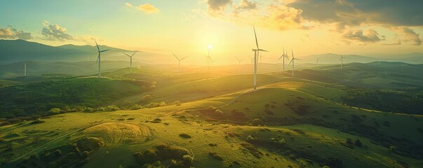 Detailed wind turbines generating green energy in a rural landscape ultrahigh detail