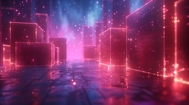 In a VR math classroom, transparent cubes glow with complex equations set against a backdrop of pink and blue lights