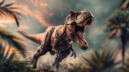A large T-Rex is running through a jungle. The sky is cloudy and the sun is setting