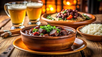 Feijoada brasile&ntilde;a en un bol de barro, acompa&ntilde;ada de arroz, frijoles y cerveza, servida en una mesa de madera.