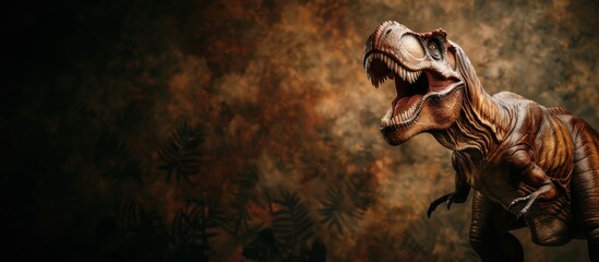 Obraz premium A dinosaur is shown in a dark background with a bright orange and brown color. The dinosaur is standing and looking at the camera