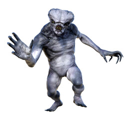 Illustration of an alien monster in an aggressive pose reaching forward with one hand on a white background.