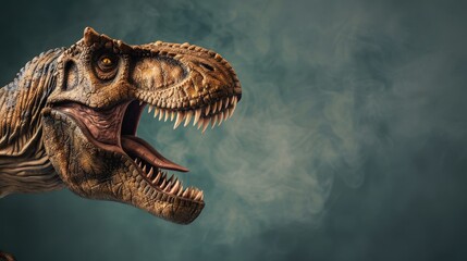 Obraz premium A dinosaur with its mouth open and teeth bared. The dinosaur is looking at the camera. The background is a blurry grayish blue