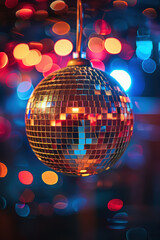 Obraz premium Vibrant disco ball with colorful blurred lights in the background, creating a festive atmosphere perfect for parties and celebrations.