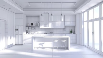 Kitchen interior modern home white room bright house design furniture. Wood kitchen interior modern counter background light countertop minimal Generative Ai