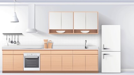 Kitchen interior modern home white room bright house design furniture. Wood kitchen interior modern counter background light countertop minimal Generative Ai