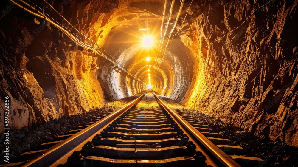 Poster a tunnel with a train track running through it. the tunnel is dark and the light is shining on the t