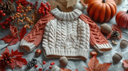 A cozy knitted sweater displayed among vibrant autumn decorations like pumpkins, acorns, and colorful leaves, evoking a warm seasonal atmosphere.