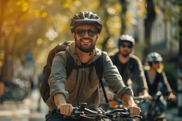 Naklejka premium Realistic electric bike riders commuting through a green city highdefinition clarity