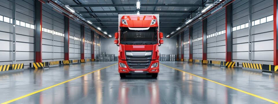 A red semi truck is parked in a large warehouse. The truck is the main focus of the image, and it is a large, powerful vehicle. The warehouse itself is spacious and has a clean, industrial feel to it