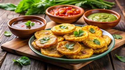 Tostones fritos servidos con salsa de tomate, guacamole y salsa verde en un plato de madera.