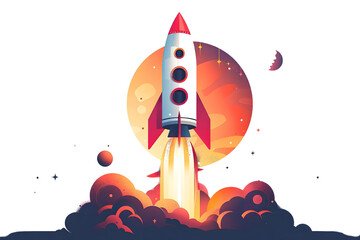 A colorful rocket launching towards a vibrant planet, symbolizing exploration and adventure in outer space.