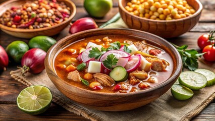 Pozole con carne, ma&iacute;z, y verduras frescas, servido con r&aacute;banos, limones y cilantro.