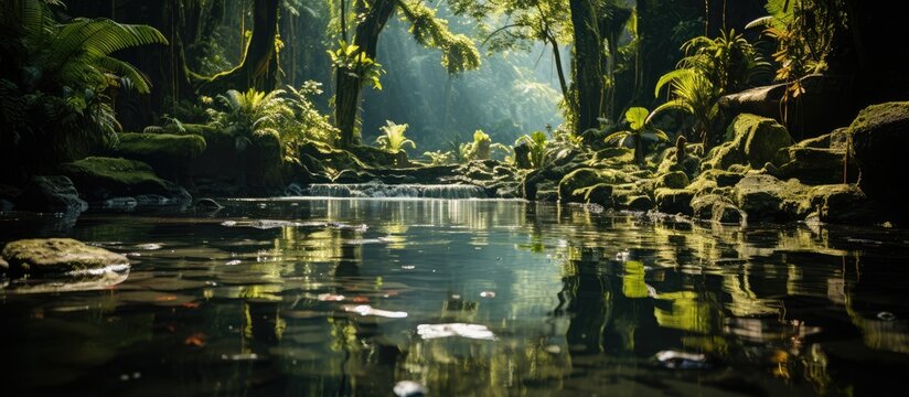Tranquil Jungle Stream Reflecting the Sunlight