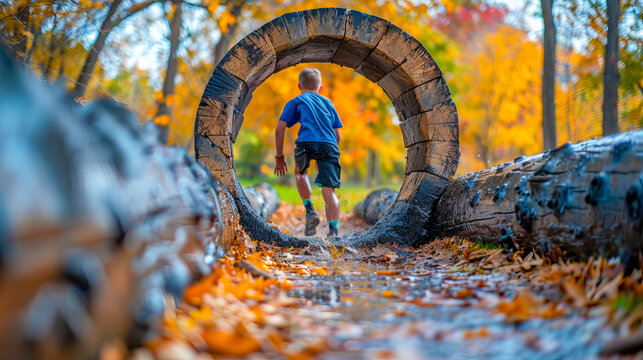 Boy running through obstacle course represents overcoming challenges