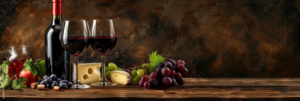 Poster a bottle of red wine, two glasses of red wine, and a plate of cheese and grapes rest on a rustic woo