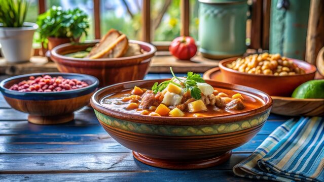 Sopa de frijoles y verduras, acompa&ntilde;ada de guarniciones y servida en un entorno r&uacute;stico.
