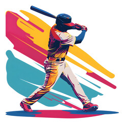 A dynamic illustration of a baseball player swinging a bat, showcasing vibrant colors and energy in motion.