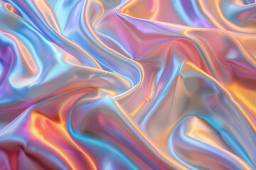 Fototapeta premium Colorful, iridescent fabric with smooth, glossy texture. Vibrant and neon hues creating a mesmerizing pattern of light and shadow. Perfect for elegant designs.