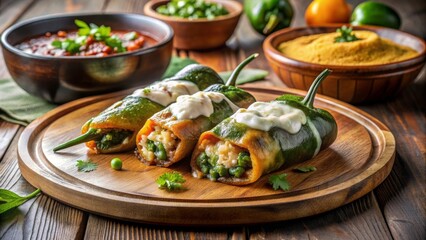 Chiles rellenos de verduras y queso servidos con salsa verde y frijoles, decorados con cilantro fresco