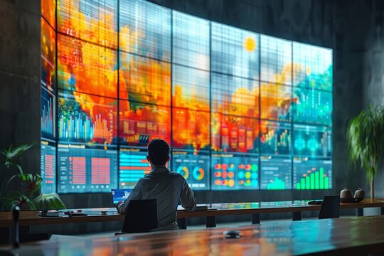 Diverse team examining vibrant charts on a large screen open office space realistic natural light high detail