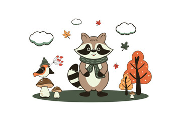 A beautiful children's autumn illustration with a funny raccoon in the forest. Vector design for postcards, covers, banners and more.