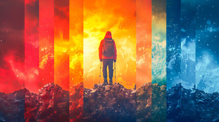 Hiker standing on mountain top facing challenging weather conditions