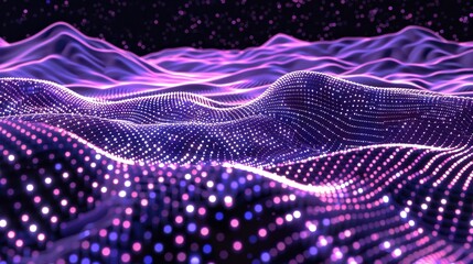 Abstract purple waves and glowing particles on a dark background