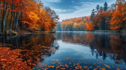 Obraz premium Autumn Lakeside Serenity: A Beautiful Fall Landscape