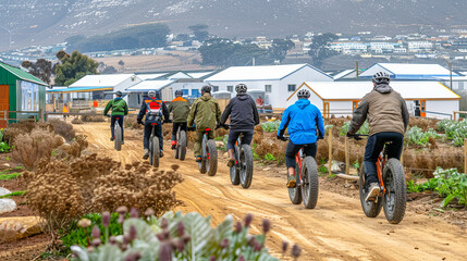 Obraz premium Group of cyclists riding fat bikes on gravel path