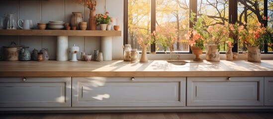 Interior of Kitchen, Sink, Cupboard and Old Wooden Floor in Elegant Luxury apartment